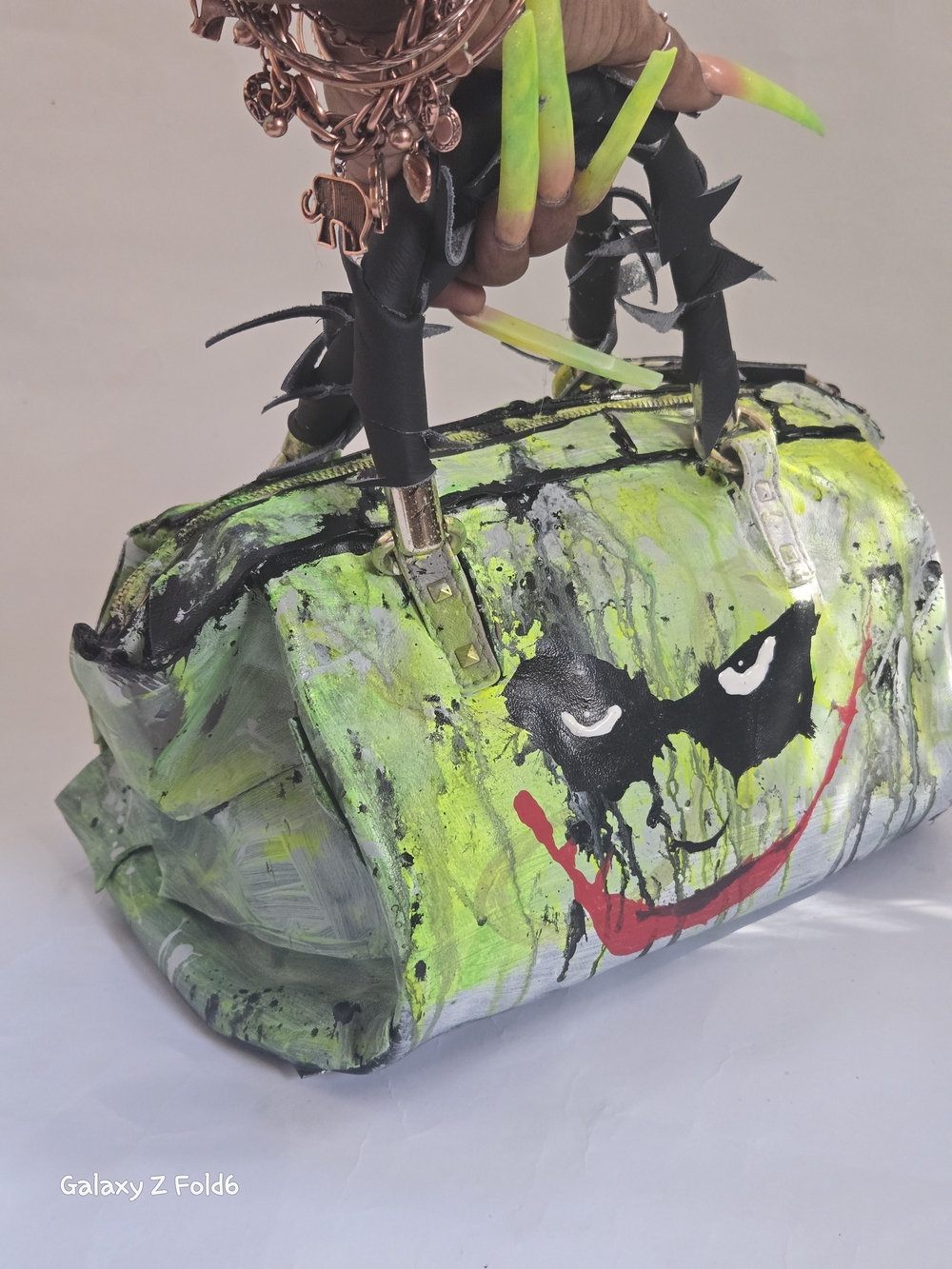 Hand-Painted Neon Green Artistic Satchel Bag